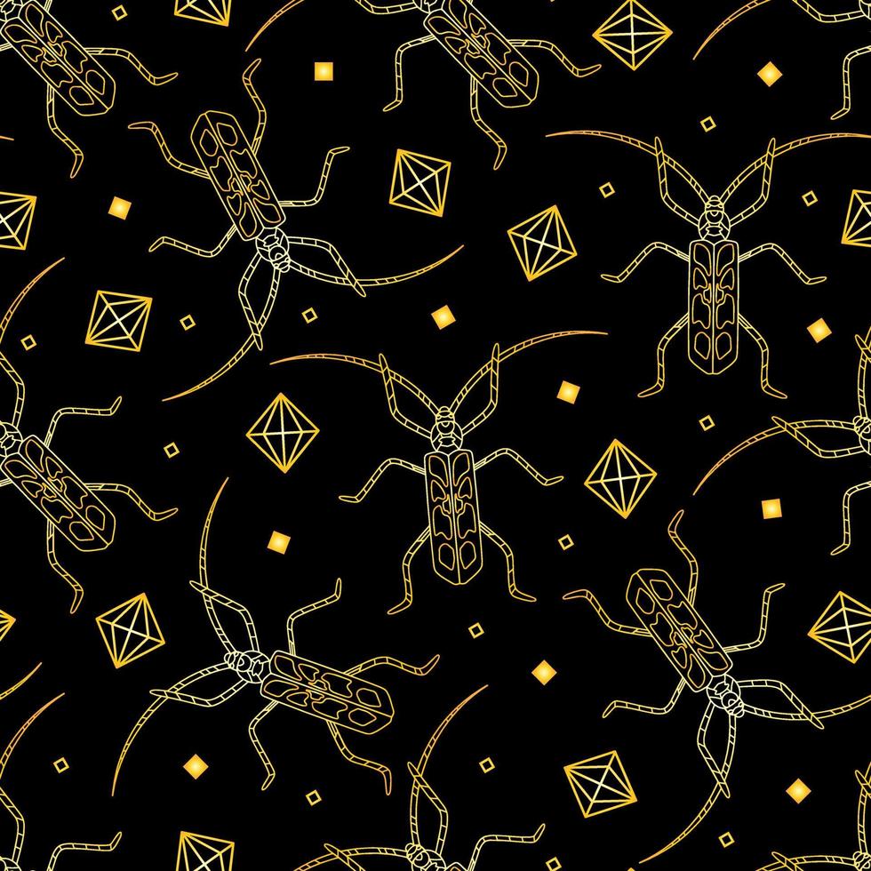 naadloos bohemien gouden patroon van kevers en diamanten vector