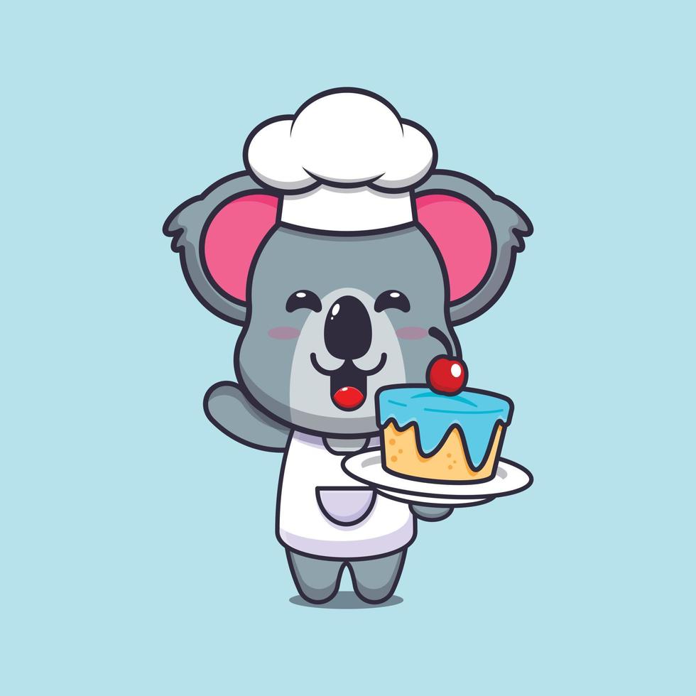 schattig koala chef-kok mascotte stripfiguur met cake vector