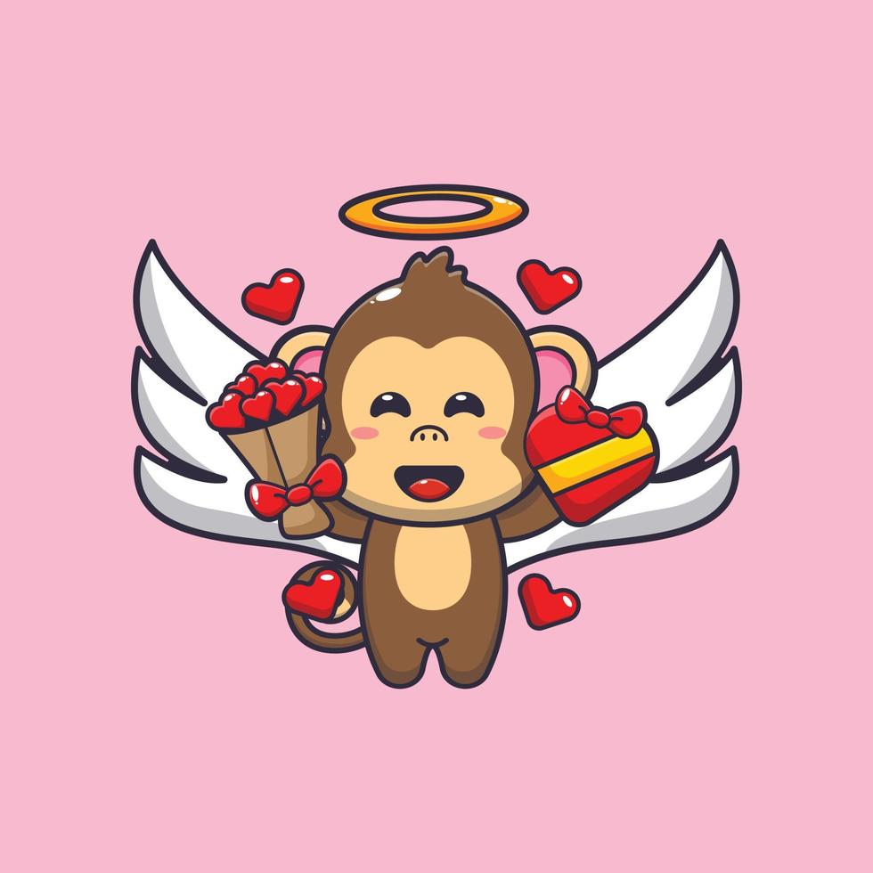 schattige aap cupido stripfiguur met liefdescadeau en liefdesboeket vector