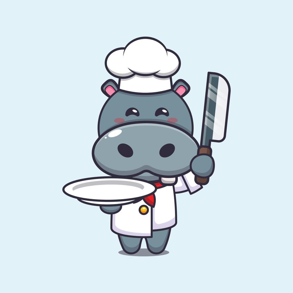 schattig nijlpaard chef-kok mascotte stripfiguur met mes en bord vector