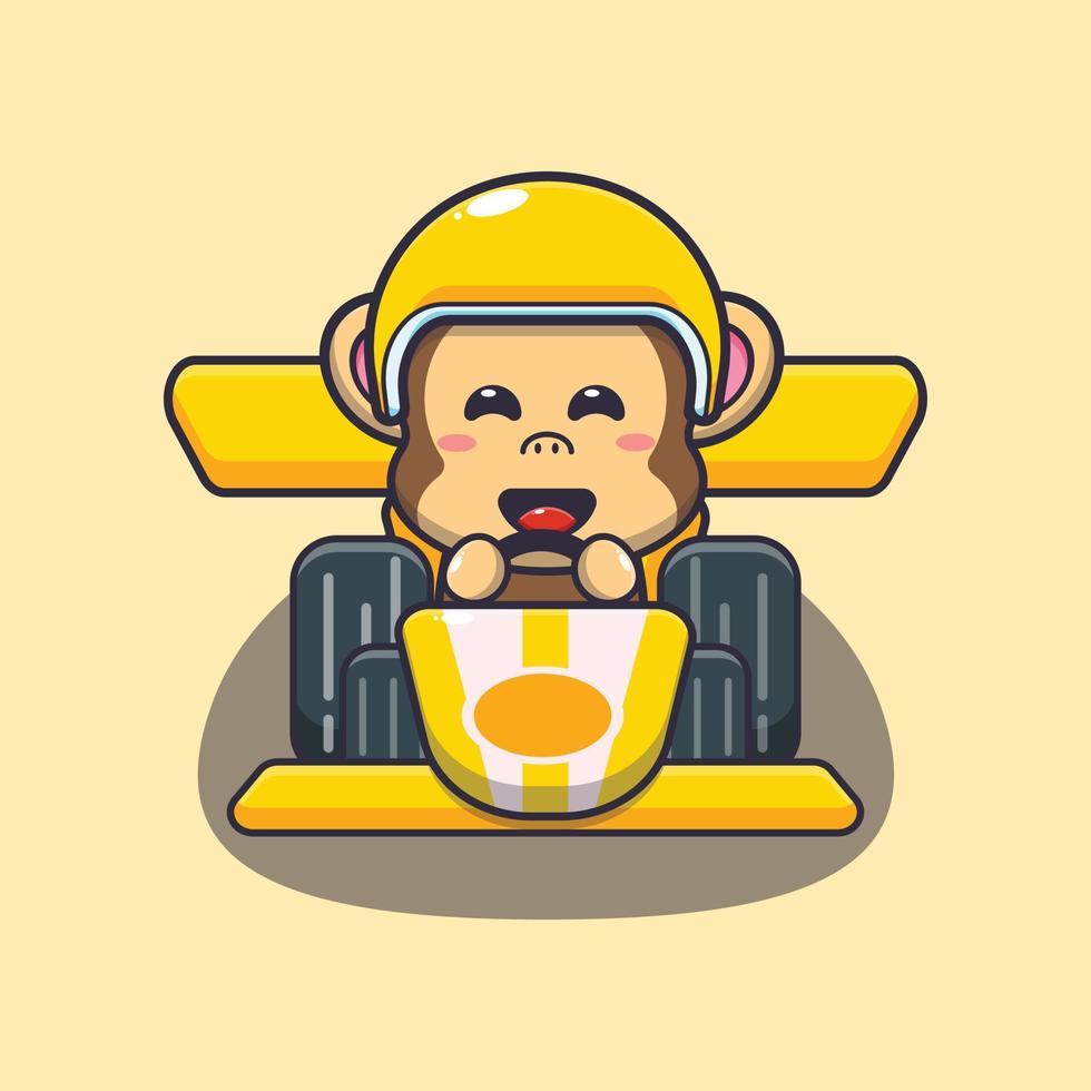 schattige aap mascotte stripfiguur rijden raceauto vector