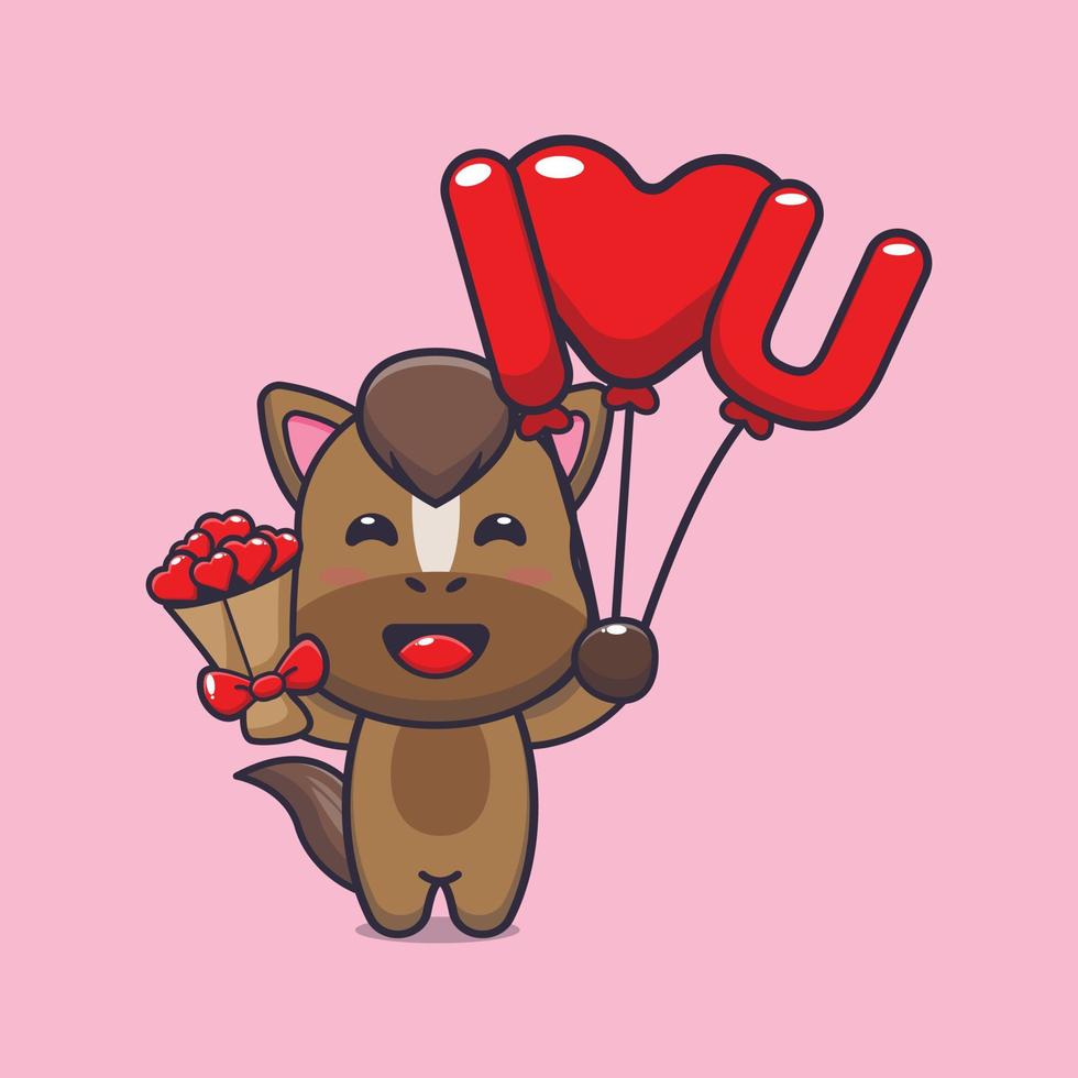 schattig paard stripfiguur met liefdesballon en liefdesbloemen vector