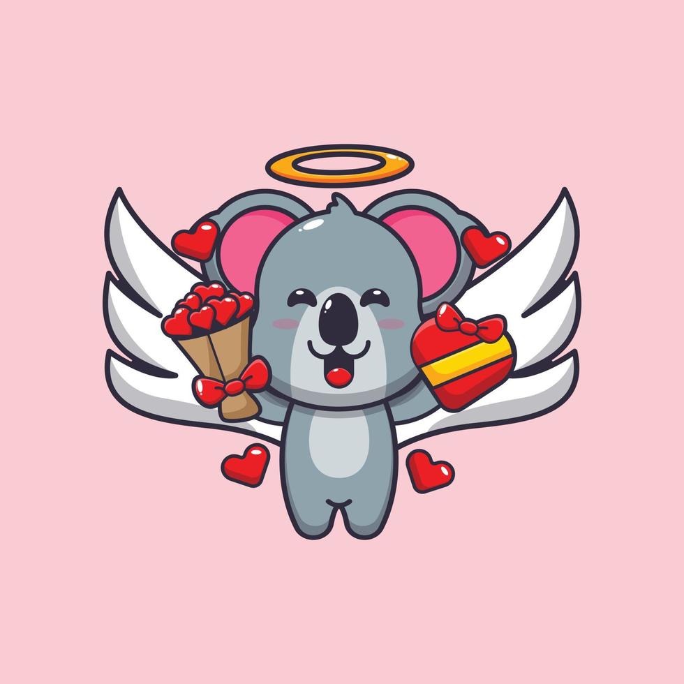 schattig koala cupido stripfiguur met liefdescadeau en liefdesboeket vector