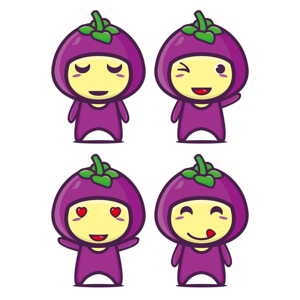 set collectie van schattige mangosteen mascotte ontwerp karakter. geïsoleerd op een witte achtergrond. schattig karakter mascotte logo idee bundel concept vector