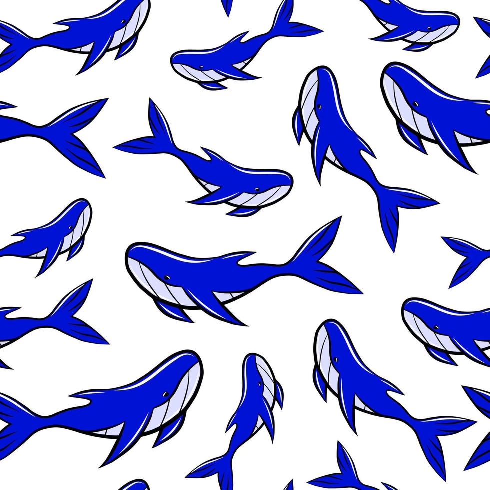 cartoon blauwe vinvis naadloze patroon geïsoleerd op een witte achtergrond. textiel print of kinderkamer behang vector sjabloon. zeevissen, dieren in het wild. nautische grafische achtergrond.