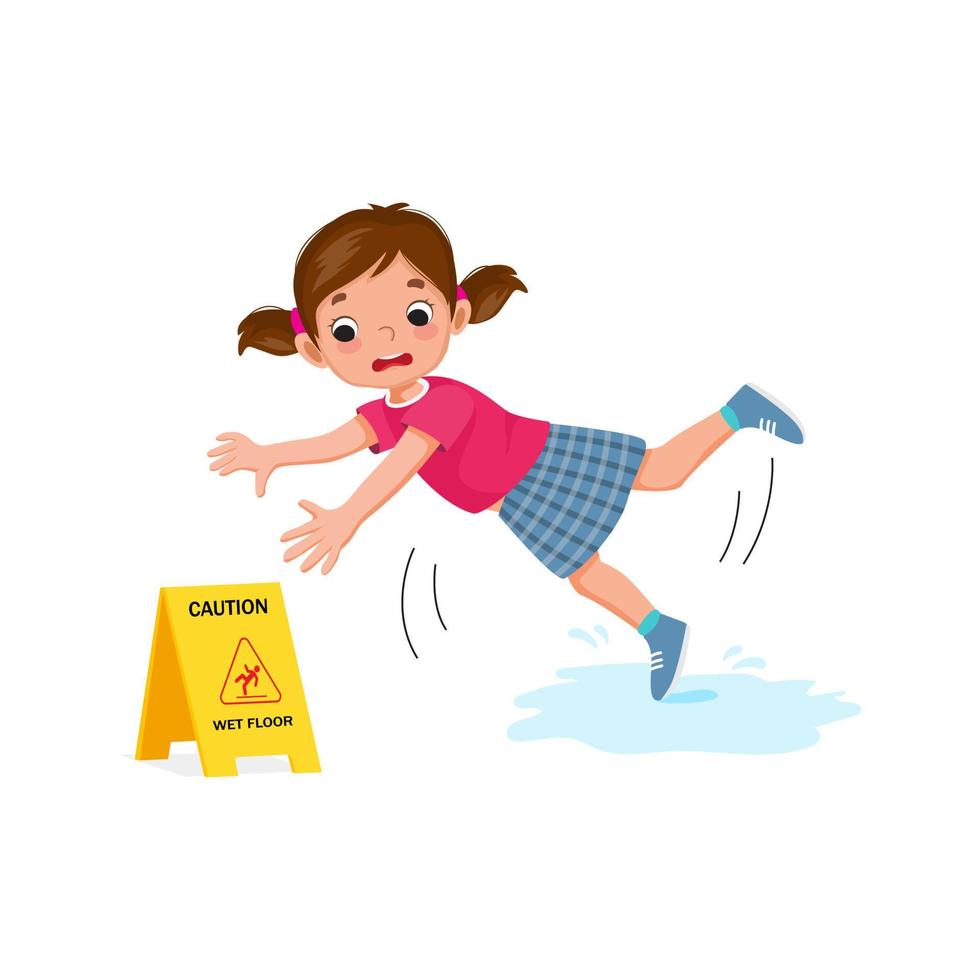 schattig klein meisje met een ongeluk dat op een natte vloer uitglijdt en naar beneden valt in de buurt van een geel waarschuwingsbord vector