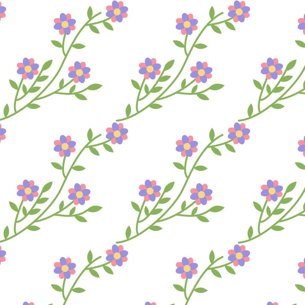 naadloos lentepatroon met schattige bloemen en bladeren. bloeiende groene tak. met de hand getekende platte cartoonelementen vector