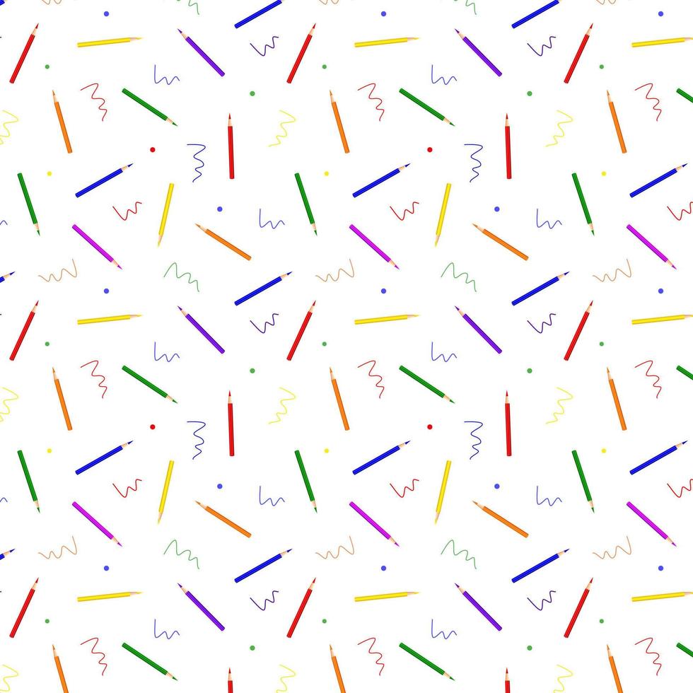 grappige naadloze patroon van kleurpotloden en creatieve elementen op witte achtergrond. abstract patroon met potloden. terug naar school achtergrond vector