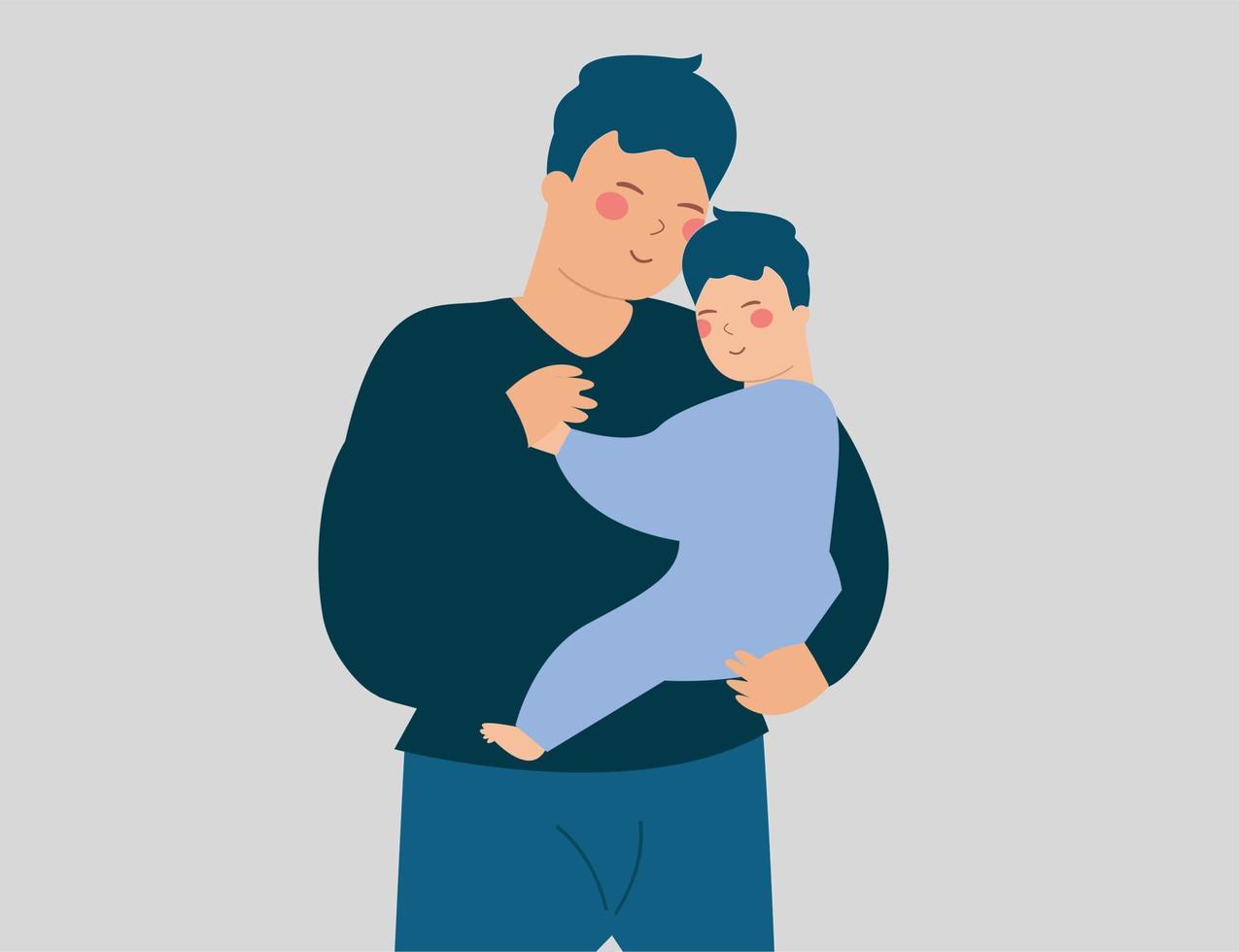 gelukkige vader omhelst en knuffelt zijn pasgeboren baby met zorg. jonge vader houdt zijn zoontje vast en speelt met hem. vaderschapservaring, positief ouderschap, gelukkig vaderdagconcept. vector illustratie