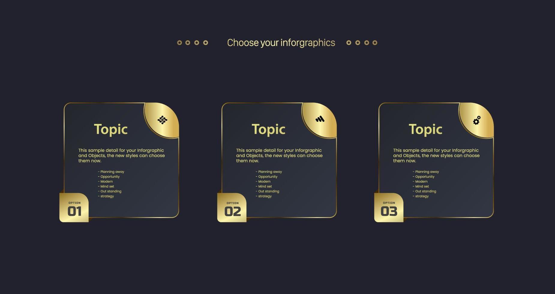 ontwerp met drie infographic-opties en luxe knoppen met 3 nummers met gouden banners-conceptsjablonen. gebruikt in presentaties, zakelijke en financiële banners vector