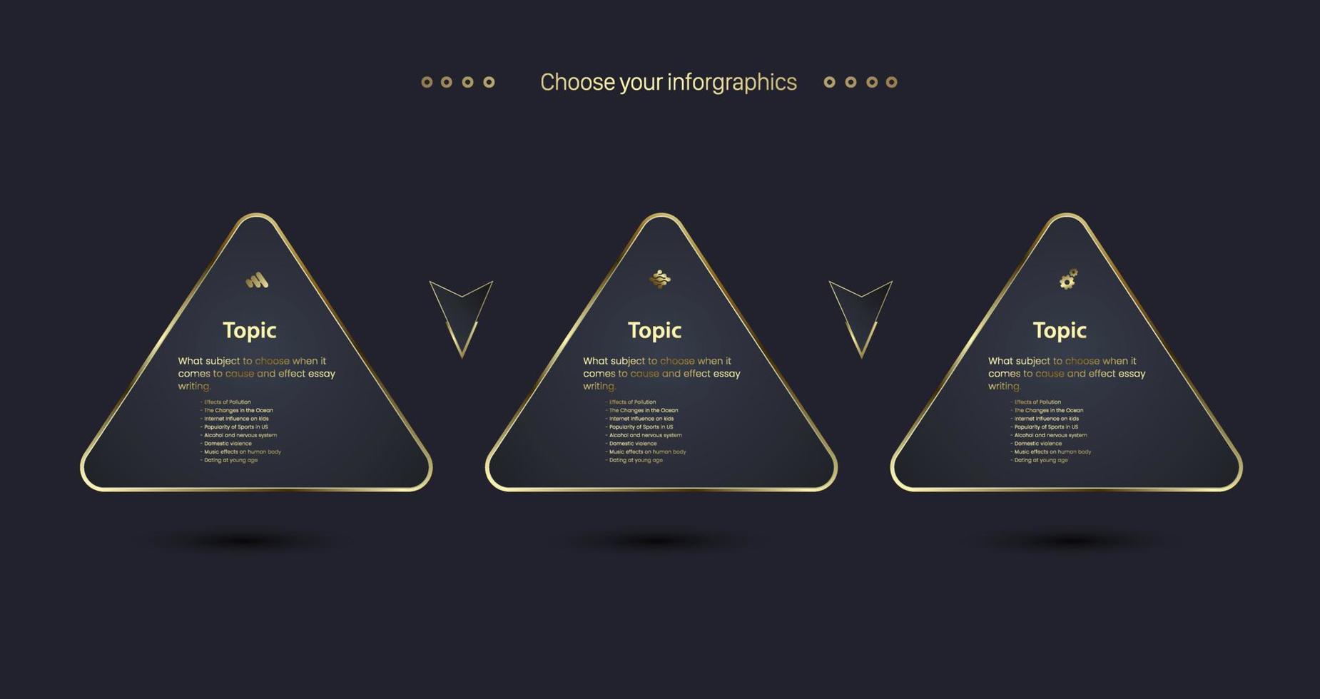 luxe vectorillustratie infographic ontwerp en sjabloon voor presentatie en grafiek met donkere bg en drie opties of stappen premium vector