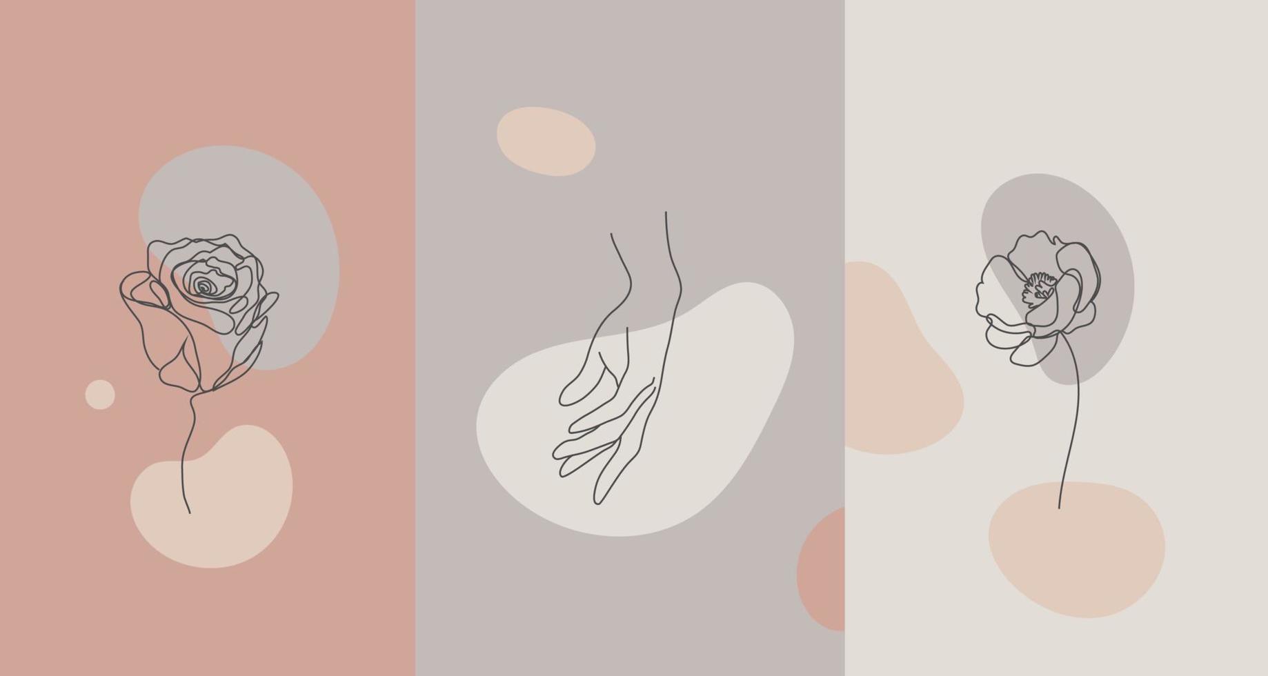 vector minimalistische stijl planten bloemen. lijn bloem, nude kleuren. hand getekende abstracte afdrukken. gebruik voor sociale media-achtergronden, schoonheidslogo's, posterillustratie,