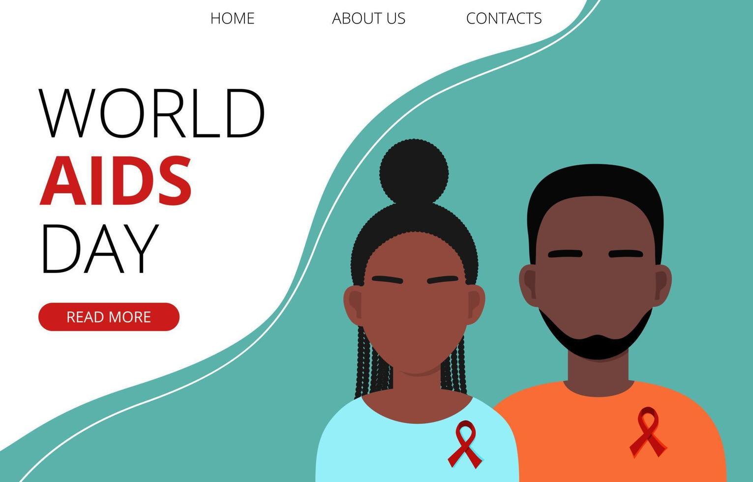 jonge zwarte man en vrouw met rood lint, solidariteit met hiv-positief en leven met aids-mensen. bewustmakingscampagne. wereld aids dag landingspagina horizontale sjabloon, poster vector