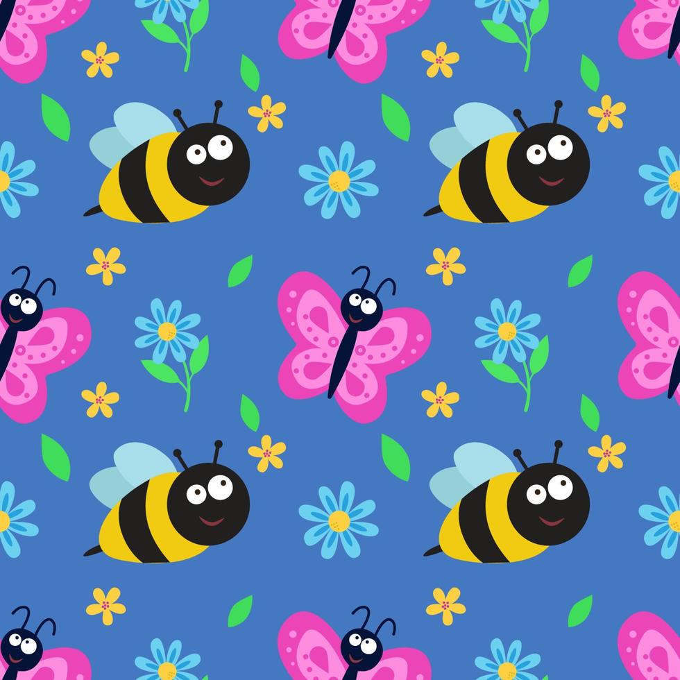 naadloos patroon met vlinder, bij en bloemen. herhalend vectorpatroon met insecten. een idee voor vakantie-uitnodigingen, creativiteit van kinderen, voor papier, stof, textiel, geschenkverpakking, reclame. vector