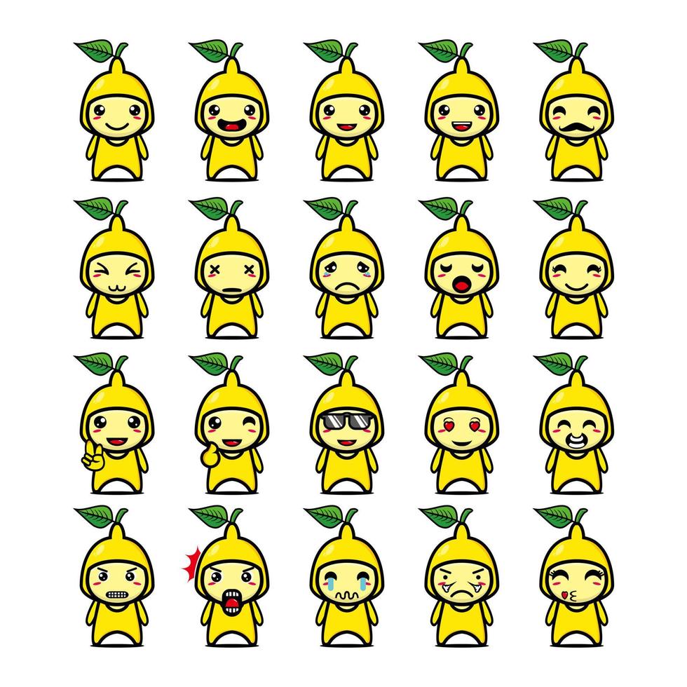 set collectie van schattige citroen mascotte ontwerp karakter. geïsoleerd op een witte achtergrond. schattig karakter mascotte logo idee bundel concept vector