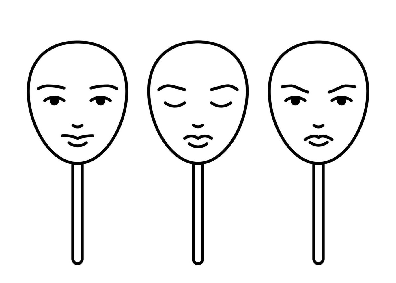 gezichtsmaskers die emoties uiten, nepstemming, lijntekeningen. persoonlijkheid veranderen om te voldoen aan sociale vereisten en druk. controle emotie, spelen rol. vector illustratie