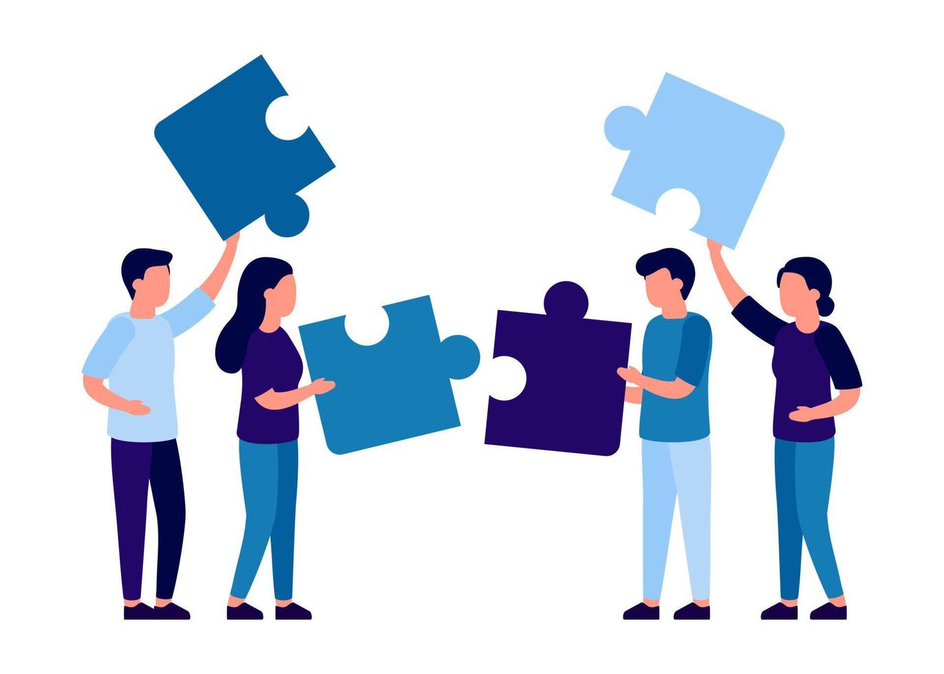 mensen team samenstellen van onderdelen puzzel. werk en zakelijk partnerschap man en vrouw concept. team metafoor. symbool van teamwork, samenwerking, partnerschap, teambuilding. vector illustratie