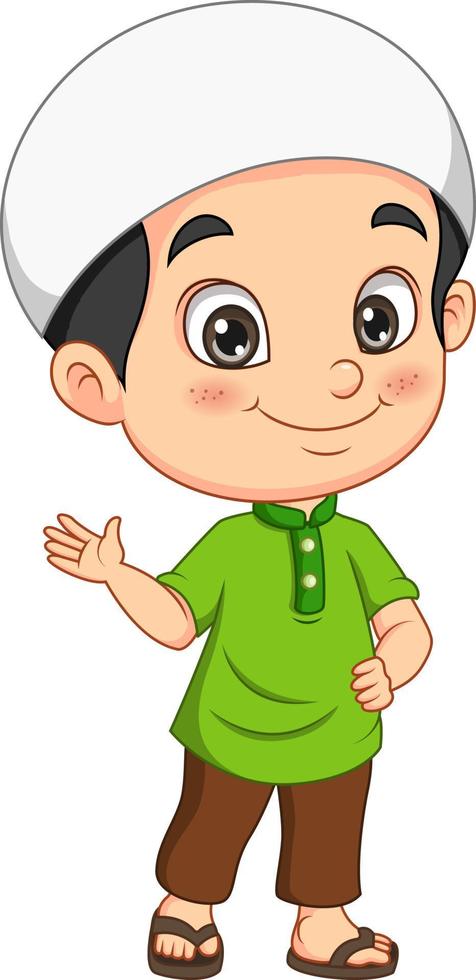 gelukkige moslim jongen cartoon zwaaiende hand vector