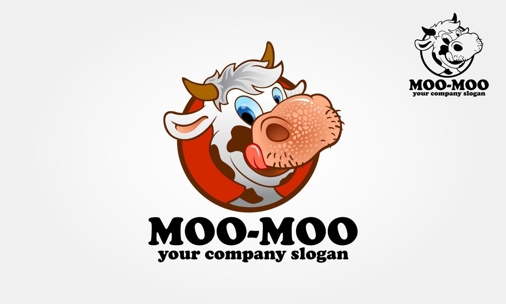 moo-moo logo stripfiguur. happy cartoon koe, illustratie van een koe en een teken. tekenfilmfiguur met leuke stijl, kan uw koptekst of logo-mascotte grappiger en speelser maken. vector