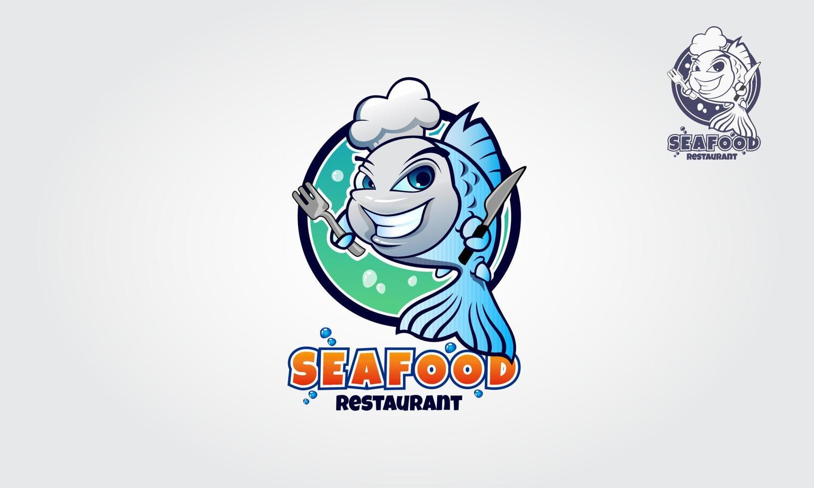 zeevruchten restaurant logo stripfiguur. vector grappige blauwe vis met een koksmuts. een uitstekende logosjabloon die zeer geschikt is voor voedingsbedrijven, restaurants, zeevruchten en cateringbedrijven