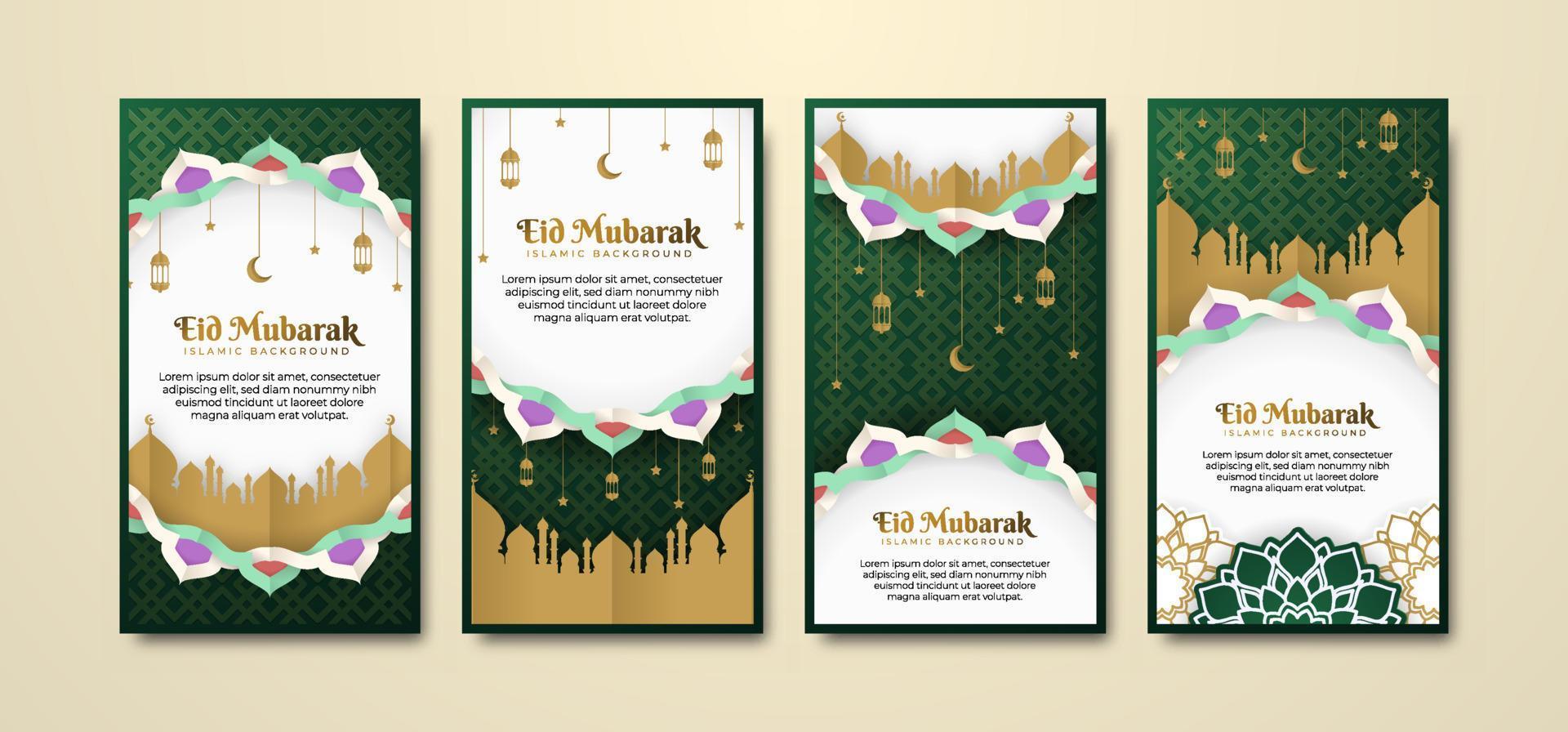 prachtige eid mubarak sociale media verhalencollectie in papierstijl met moskee en mandala-bloem. eid mubarak wenskaart achtergrond met moskee, halve maan, lantaarn en arabesk ornament. vector