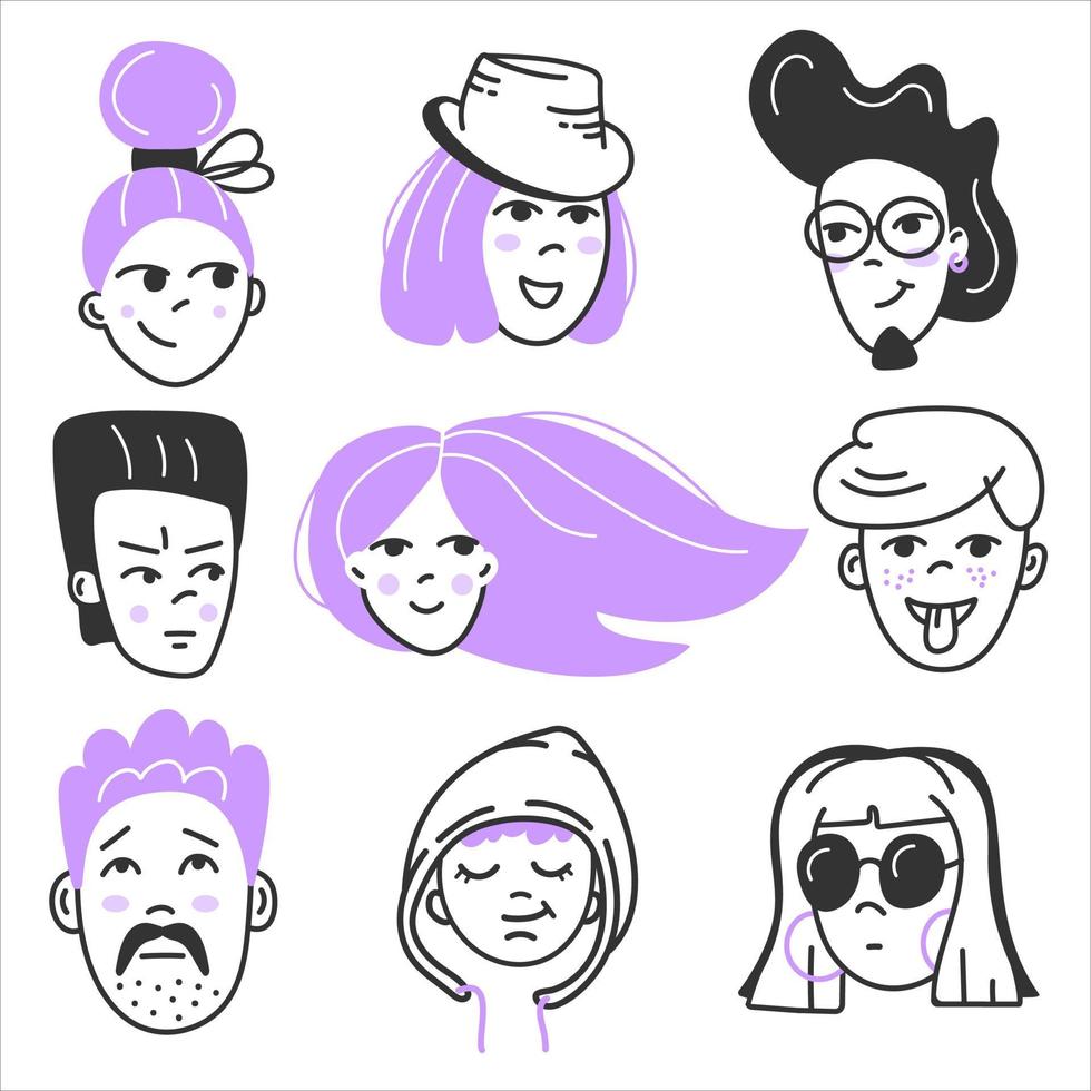 doodle set mensen gezicht. set mensen avatars voor sociale netwerken, website vector