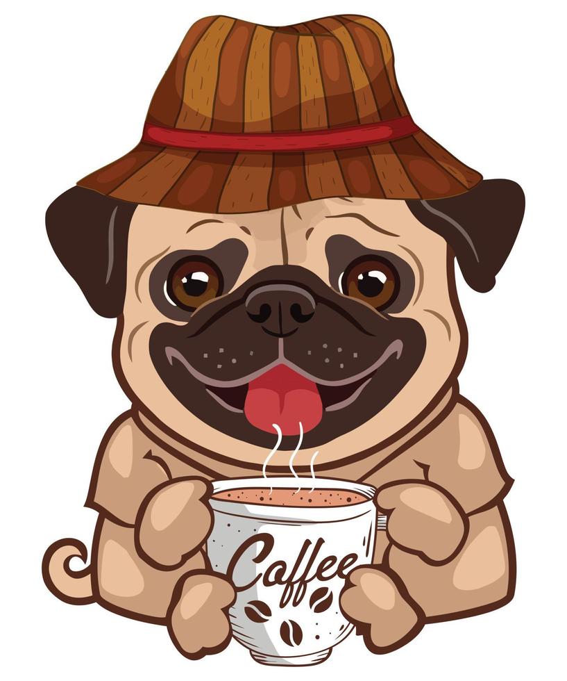 pug dog drink koffie vector