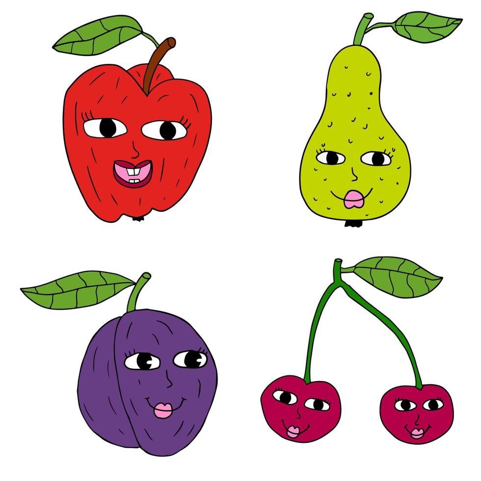 happy cartoon doodle retro appel, pruimen, peer, kersen tekens met blad geïsoleerd op een witte achtergrond. vector
