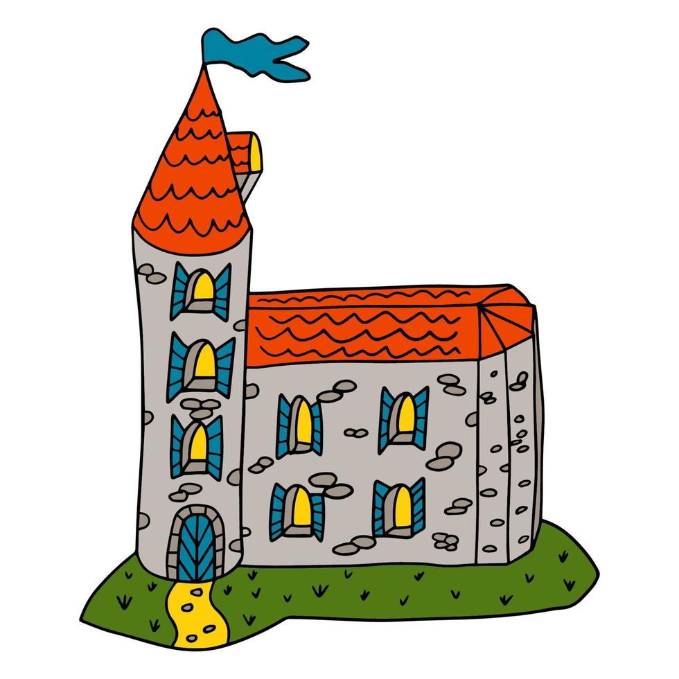cartoon lineaire doodle retro kasteel met vlag geïsoleerd op een witte achtergrond. vector
