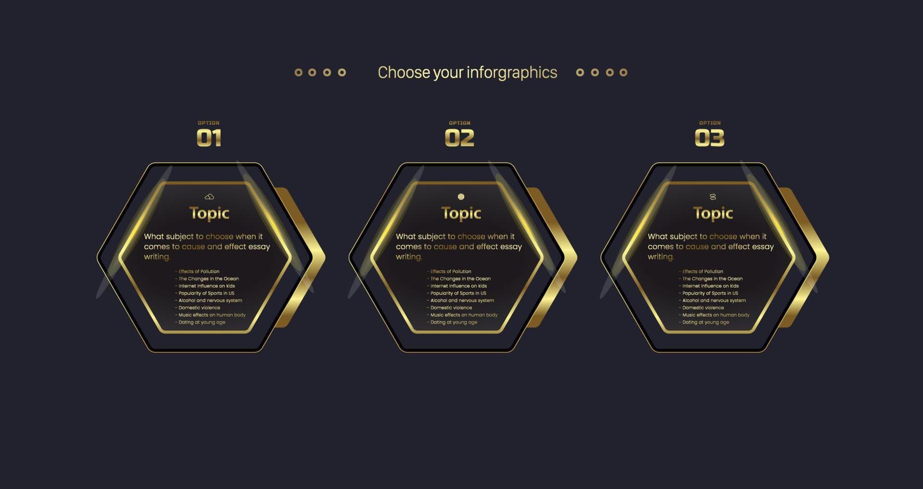 drie premium vector gouden knoppen met gloeiende lichte banner op zwarte achtergrond, drie luxe opties grafiek ontwerp met gouden stoke ontwerp, vector, illustratie sjablonen