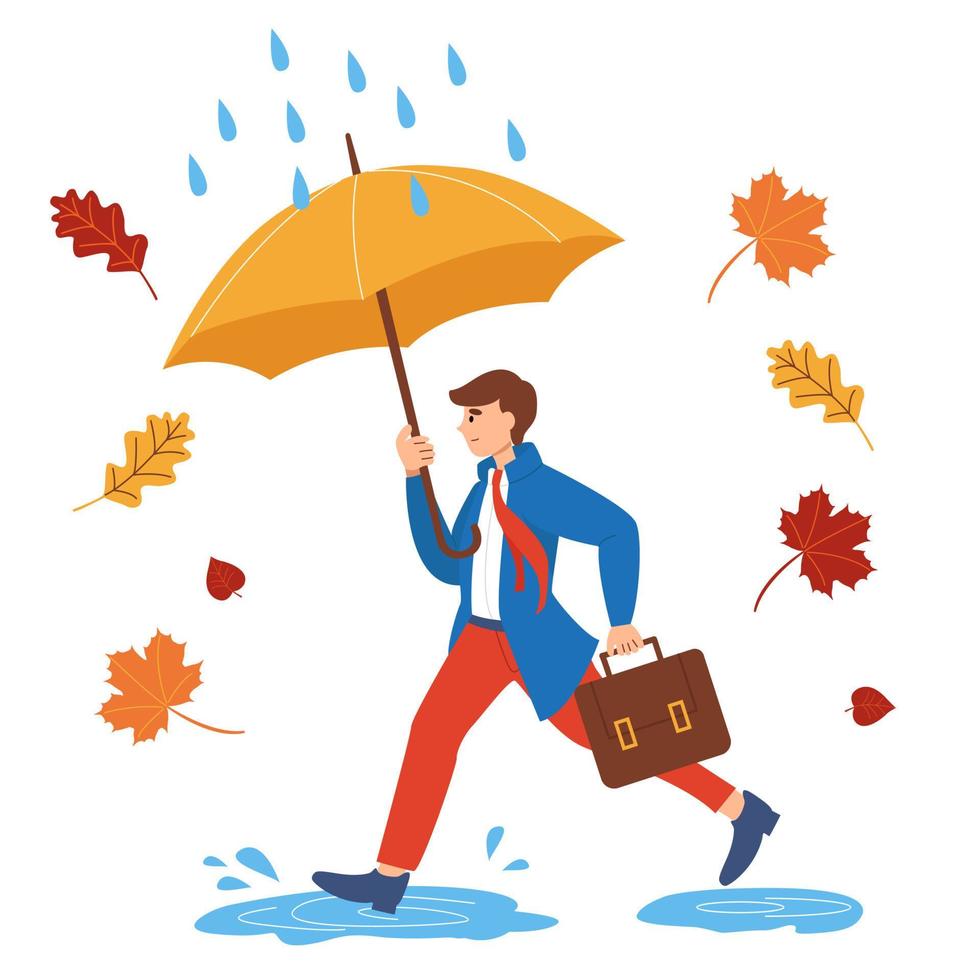 lachende man loopt door plassen met een paraplu in de regen. platte cartoon kleurrijke vectorillustratie. het concept van herfststemming en levensstijl. vector