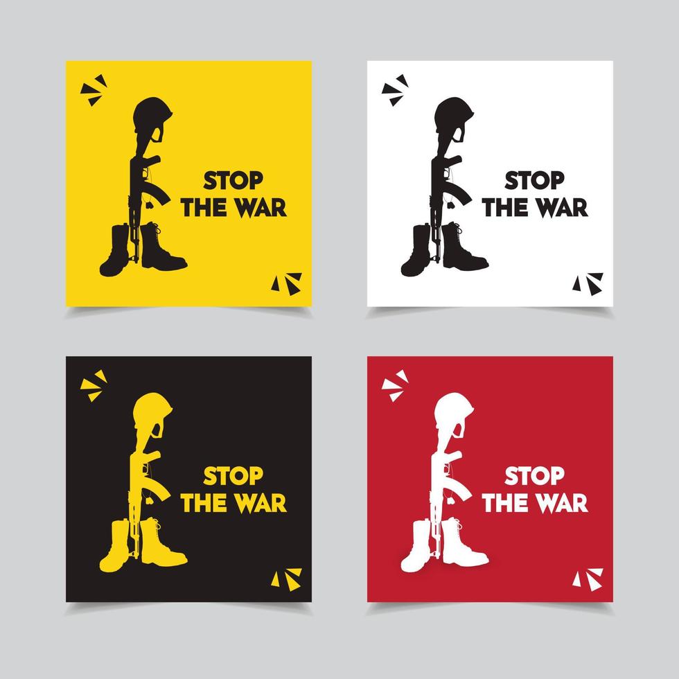verzameling van stop the war-ontwerpvector. stop de oorlogsontwerpachtergrond met silhouet van pistool, helm en laars vector