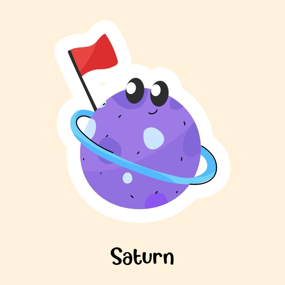 een schattige planeet Saturnus met vlag, platte sticker vector