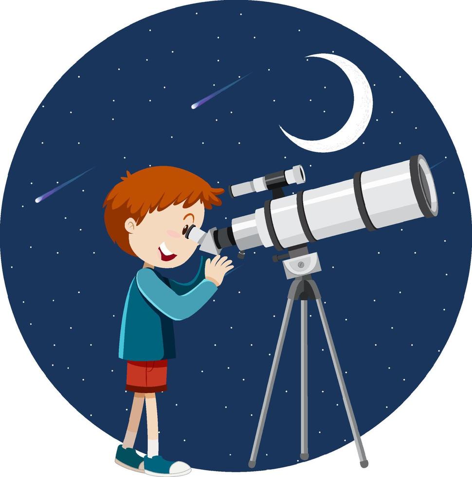 een jongen die 's nachts door een telescoop kijkt vector