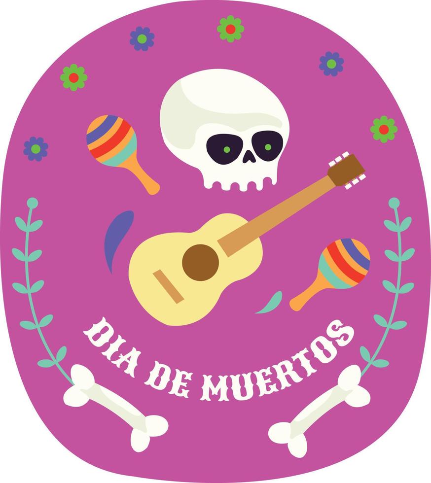 viering van dia de muertos met illustraties van schedels, gitaren en verschillende muziekinstrumenten vector