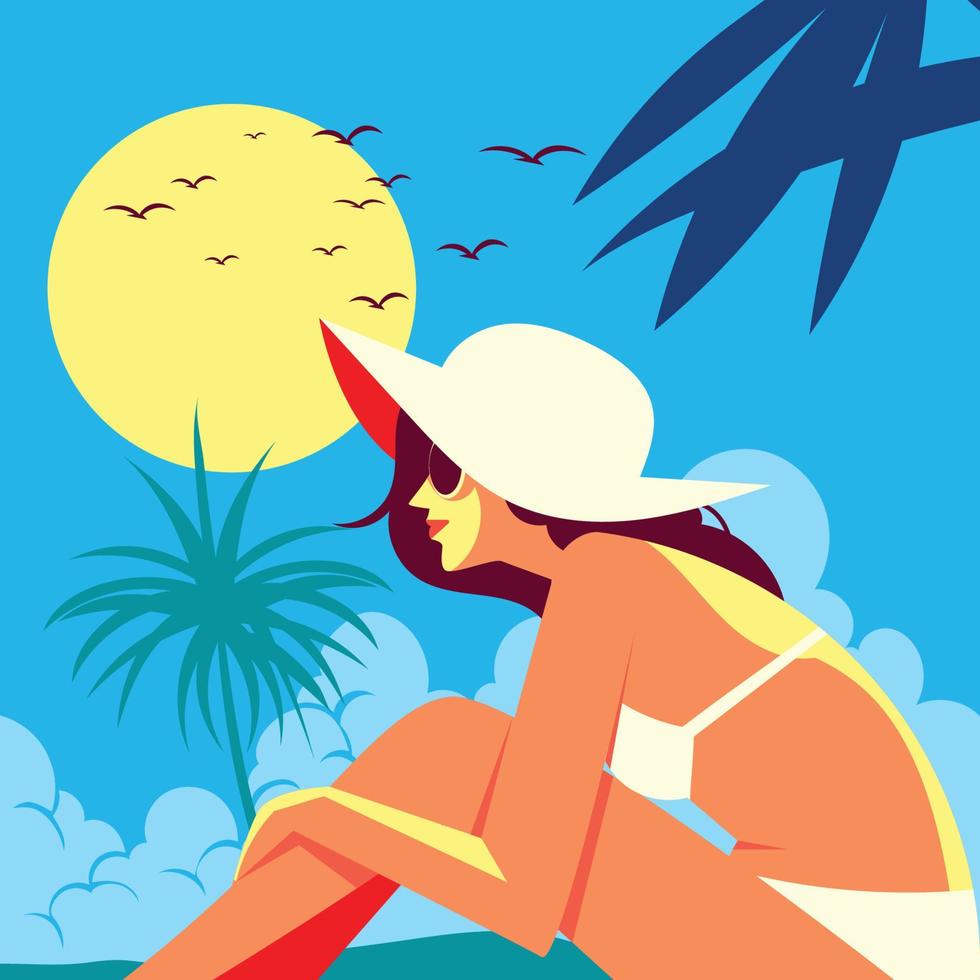 vrouw met witte hoed zonnebaden op het strand vector