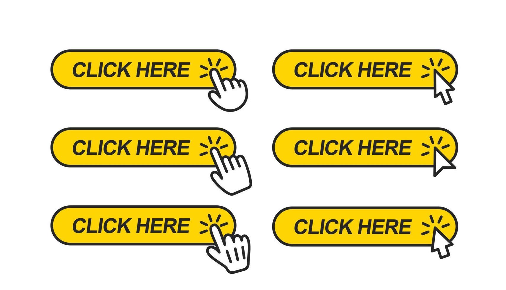 Klik hier. pictogram voor website. set van wijsvingers en muiscursors klikken op gele rechthoekige vorm web knop met afgeronde hoeken geïsoleerd op een witte achtergrond. vector