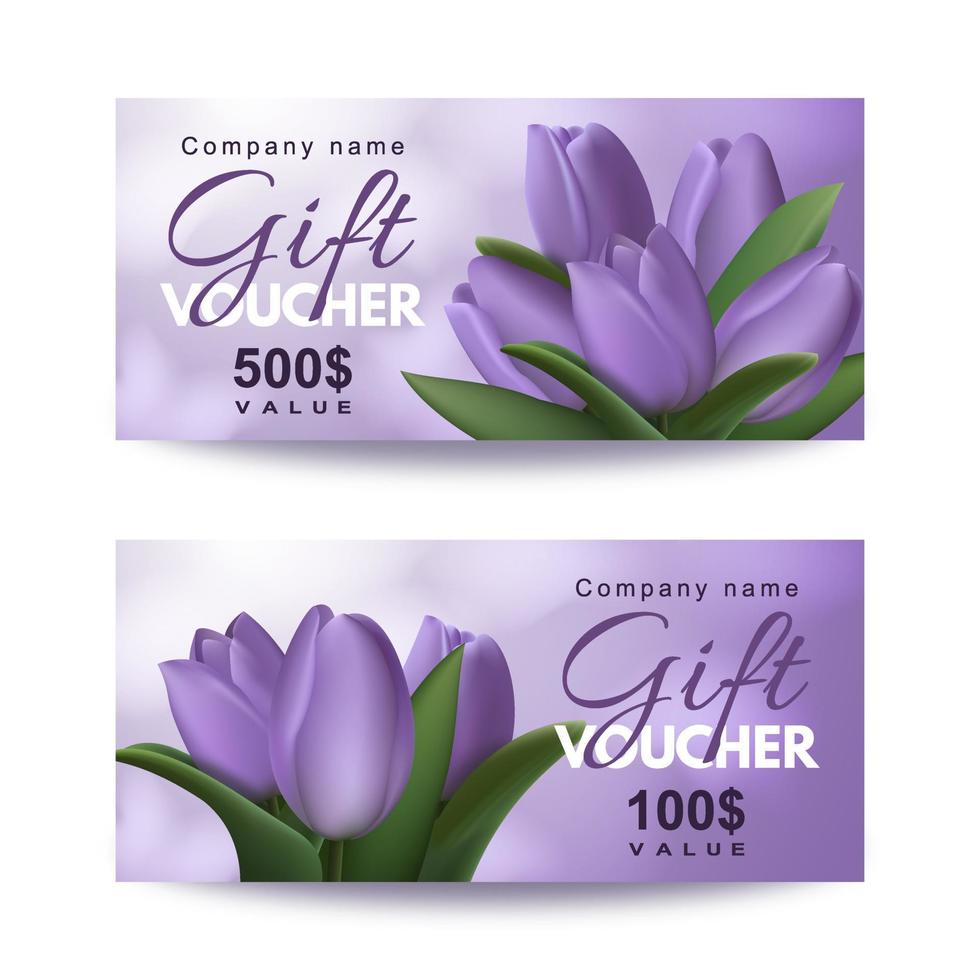 set cadeaubonnen met realistische paarse tulpenbloemen. sjabloon voor een feestelijke cadeaubon, uitnodiging en certificaat. vector illustratie
