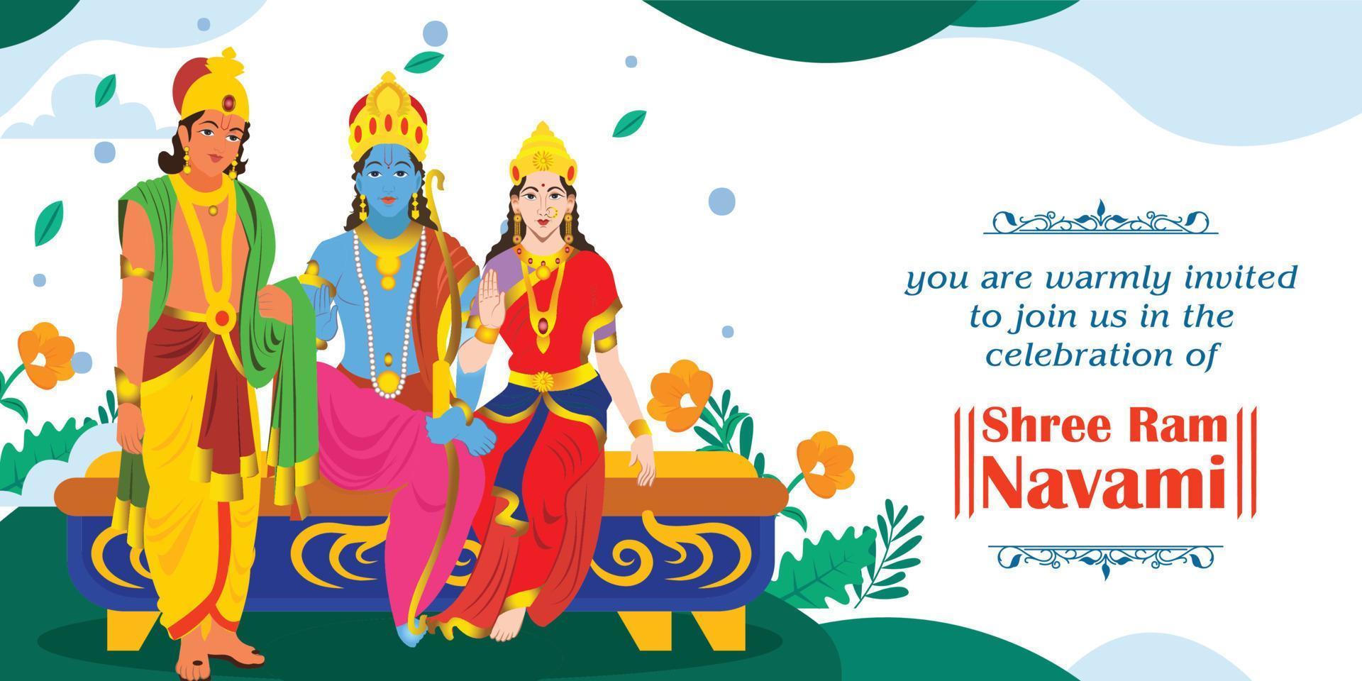 lord rama, laxmana, sita voor happy ram navami-achtergrond in vector