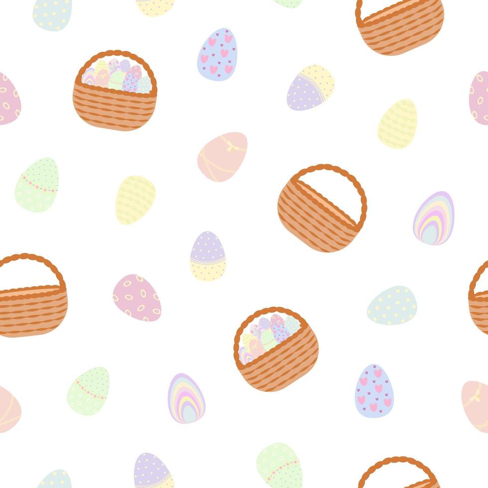 Pasen mand met beschilderde eieren, lege mand naadloze patroon, eenvoudige vectorillustratie in vlakke stijl voor lente feestelijke periode wenskaarten, textiel, cadeaupapier, herhaal ornament vector