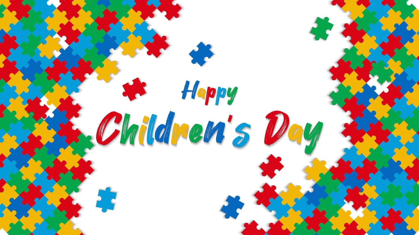 gelukkige kinderdagachtergrond met puzzels en schrijven van kleurrijke penselen vector