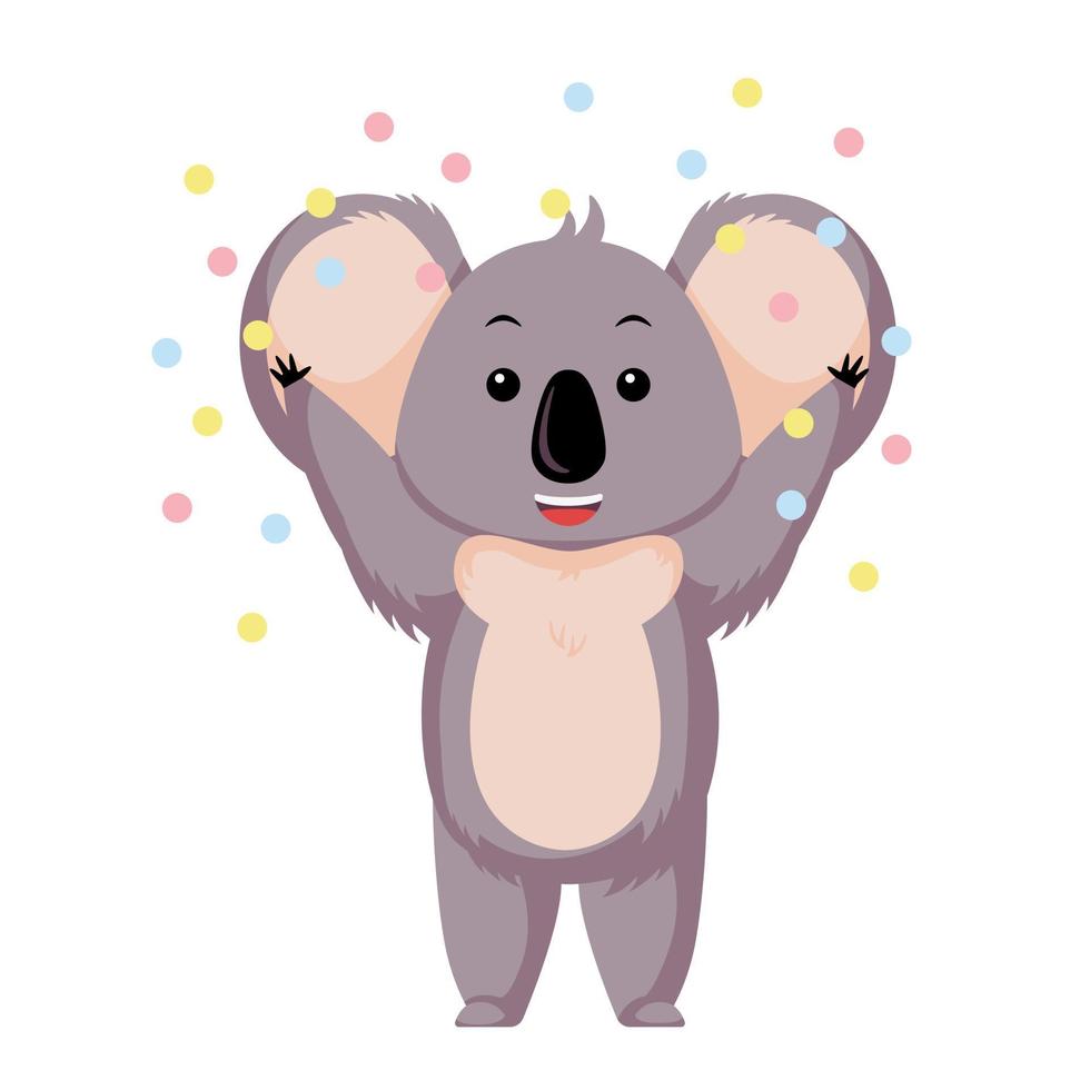 gelukkige koala met confetti geïsoleerd op een witte achtergrond. stripfiguur feest. vector