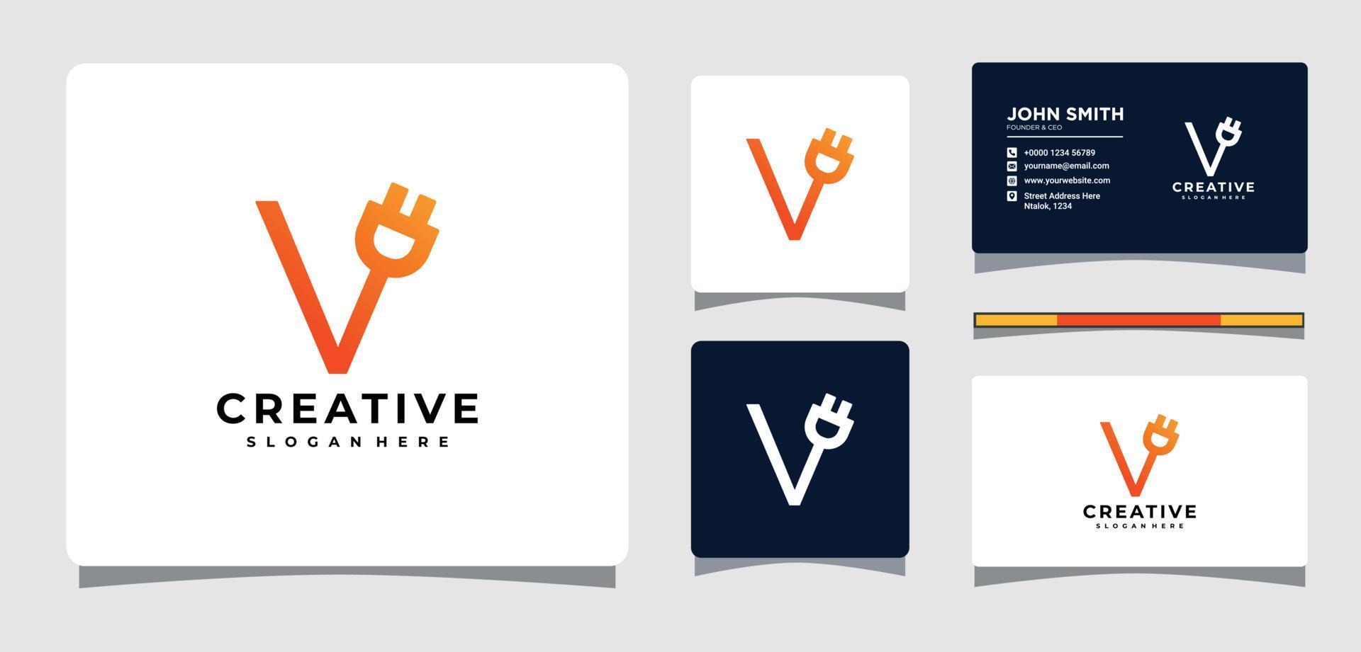 letter v stekker logo sjabloon met visitekaartje ontwerp inspiratie vector