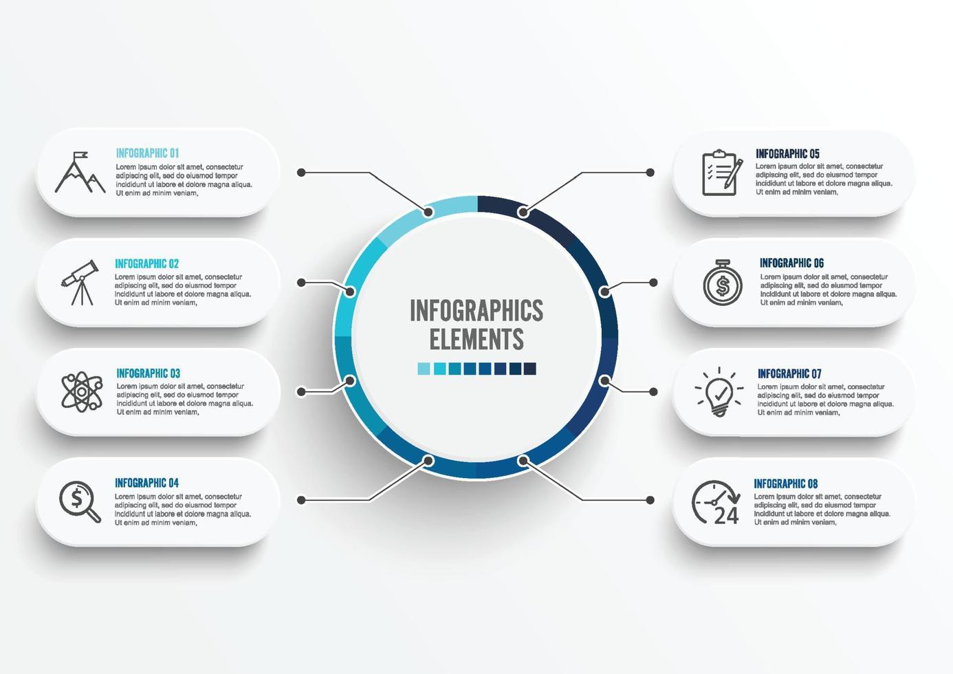 vector infographic sjabloon met 3D-papieren label, geïntegreerde kringen. bedrijfsconcept met 8 opties. voor inhoud, diagram, stroomdiagram, stappen, onderdelen, tijdlijninfographics, workflow, grafiek.