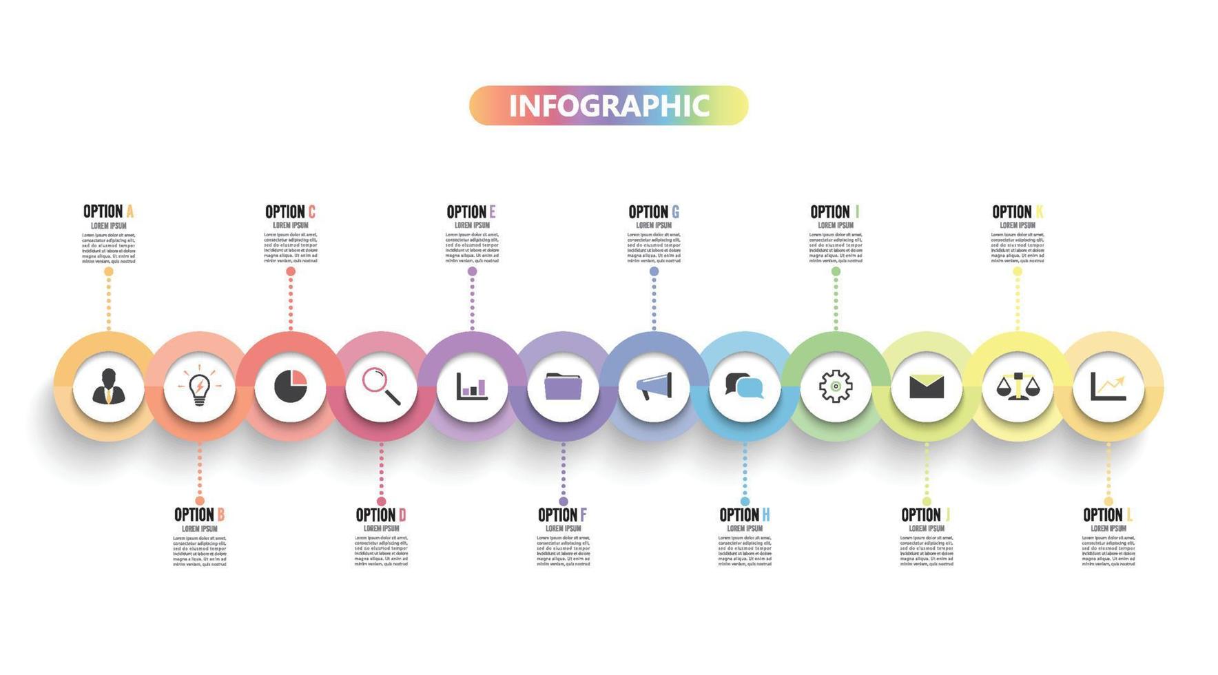 sjabloon tijdlijn infographic gekleurd horizontaal genummerd voor 12 opties. sjabloon voor presentatiesbanner, werkstroomlay-out, procesdiagram, stroomschema, infografiek. vector