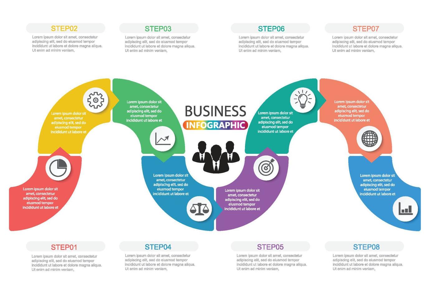 tijdlijn infographics ontwerpsjabloon met 8 opties, procesdiagram, vector eps10 illustratie