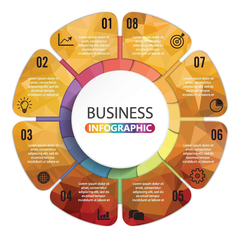 vector verbonden veelhoek infographic diagram. cirkeldiagram met 8 opties. papieren voortgangsstappen voor zelfstudie. bedrijfsconcept reeks banner. eps10 acht delen puzzel workflow layout.