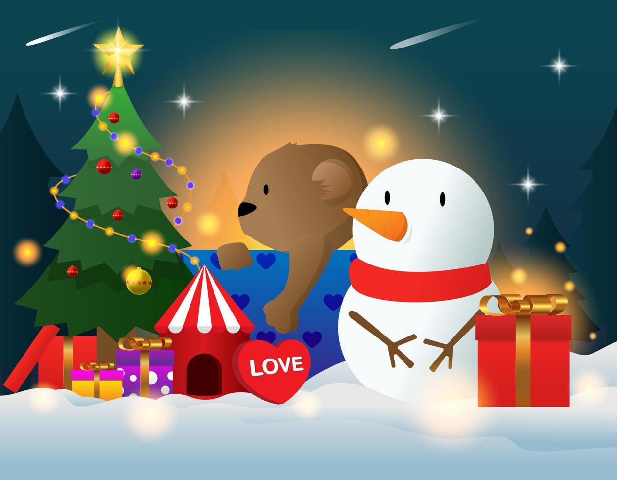 cadeautjes onder de kerstboom gelegd. kerstcadeau in de sneeuw. diverse geschenken zoals teddyberen, geschenkdozen en snoepjes. vector