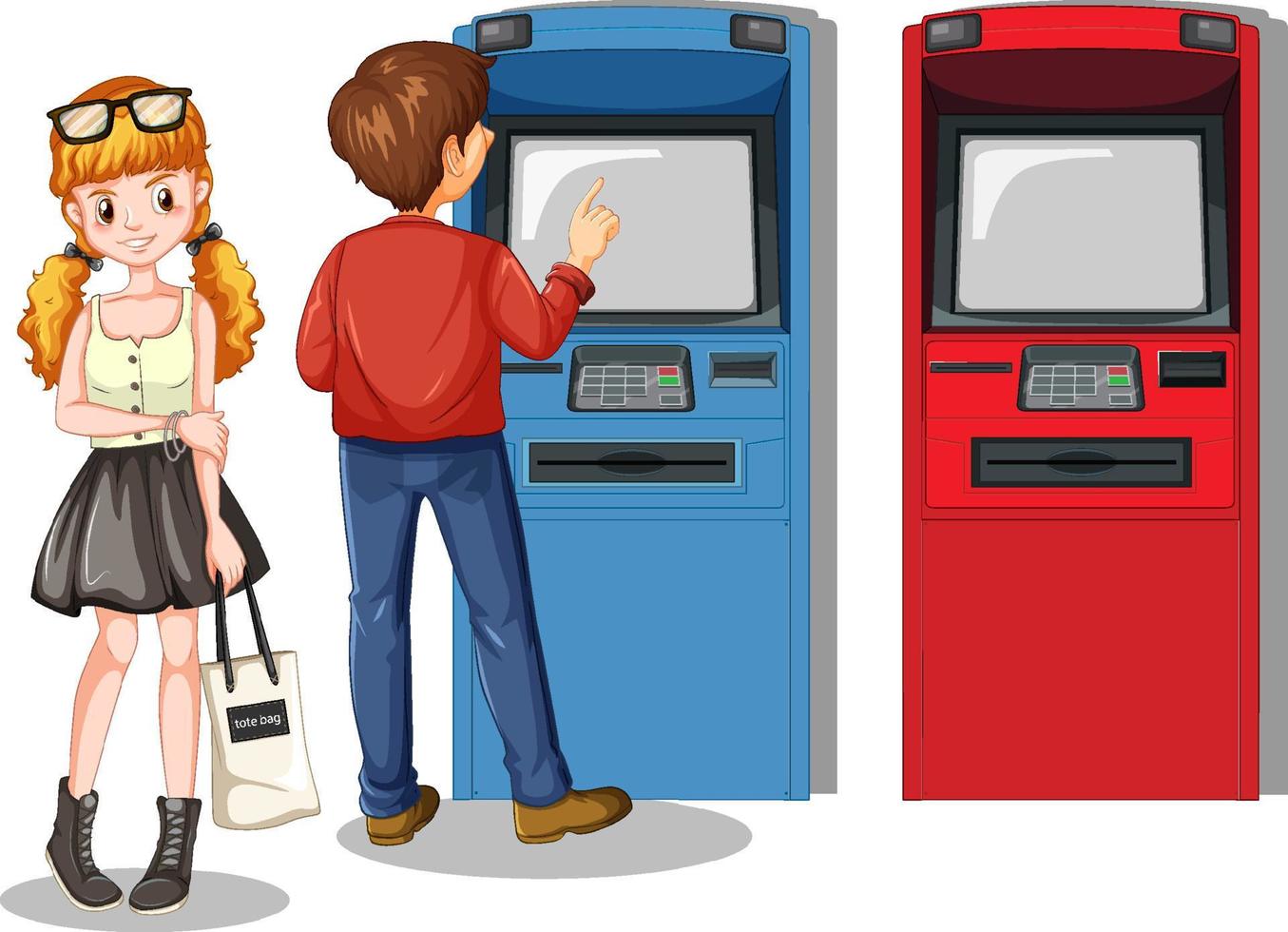 geldautomaat met stripfiguur van mensen vector