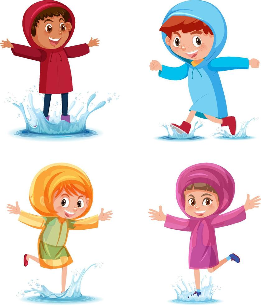 een set van kleine jongen en meisje die een regenjas dragen op een witte achtergrond vector